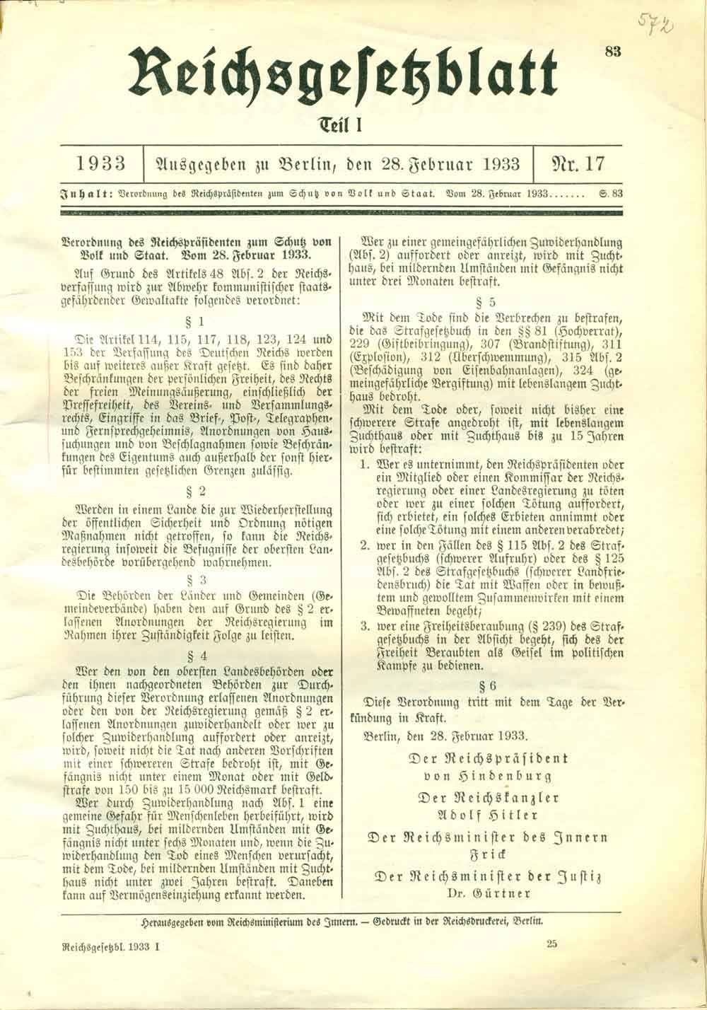 Reichsgesetzblatt 1933 Nr. 17 Verordnung des Reichspräsidenten zum Schutz von Volk und Staat. Vom 28. Februar 1933
