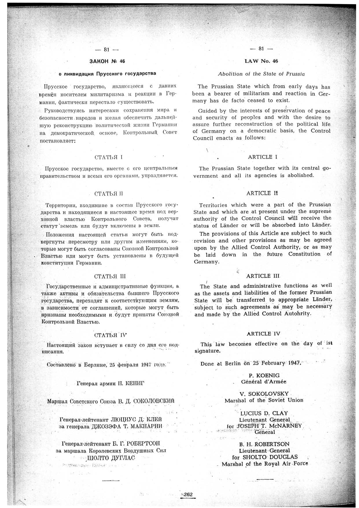Gesetz Nr. 46 des Alliierten Kontrollrates in Deutschland über die Auflösung des Staates Preußen